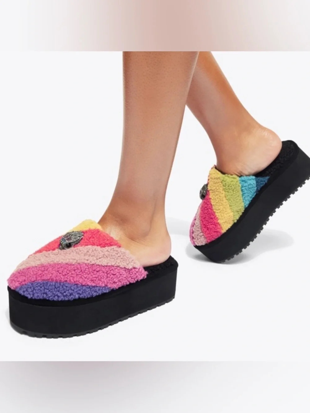 NWT Kurt Geiger London Kensington Faux Shearling Platform Slippers Rainbow - Picture 1 of 7